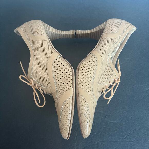 Hermes Beige Leather Almond Toe Lace Up Wing Tip Oxford Heeled Shoes 6.5 - Picture 5 of 11